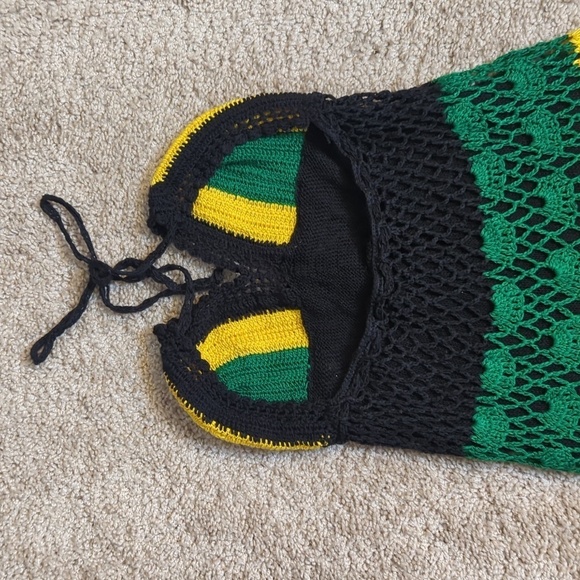 Crochet Boho Halter Style Lined Midi Dress Green Black Yellow XS/S - Picture 9 of 11